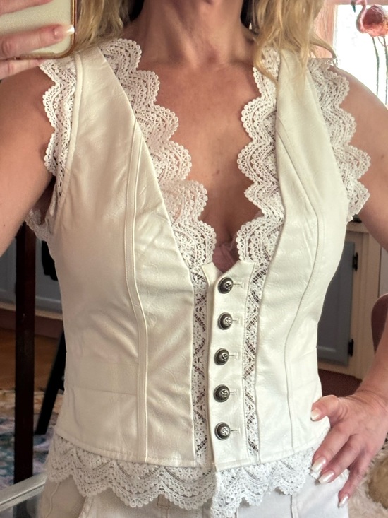 Source Unknown Tops - White Lace-Trimmed Faux Leather Corset Top